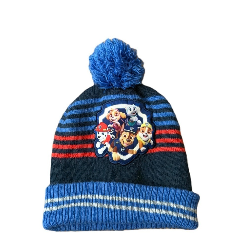 Paw Patrol Striped Beanie Hat Kids Pom Blue Red Chase